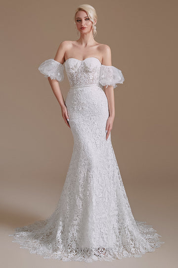 Blanche Sirène Dentelle Détachable Manches Bouffeuses Sweep Train Robe de mariée